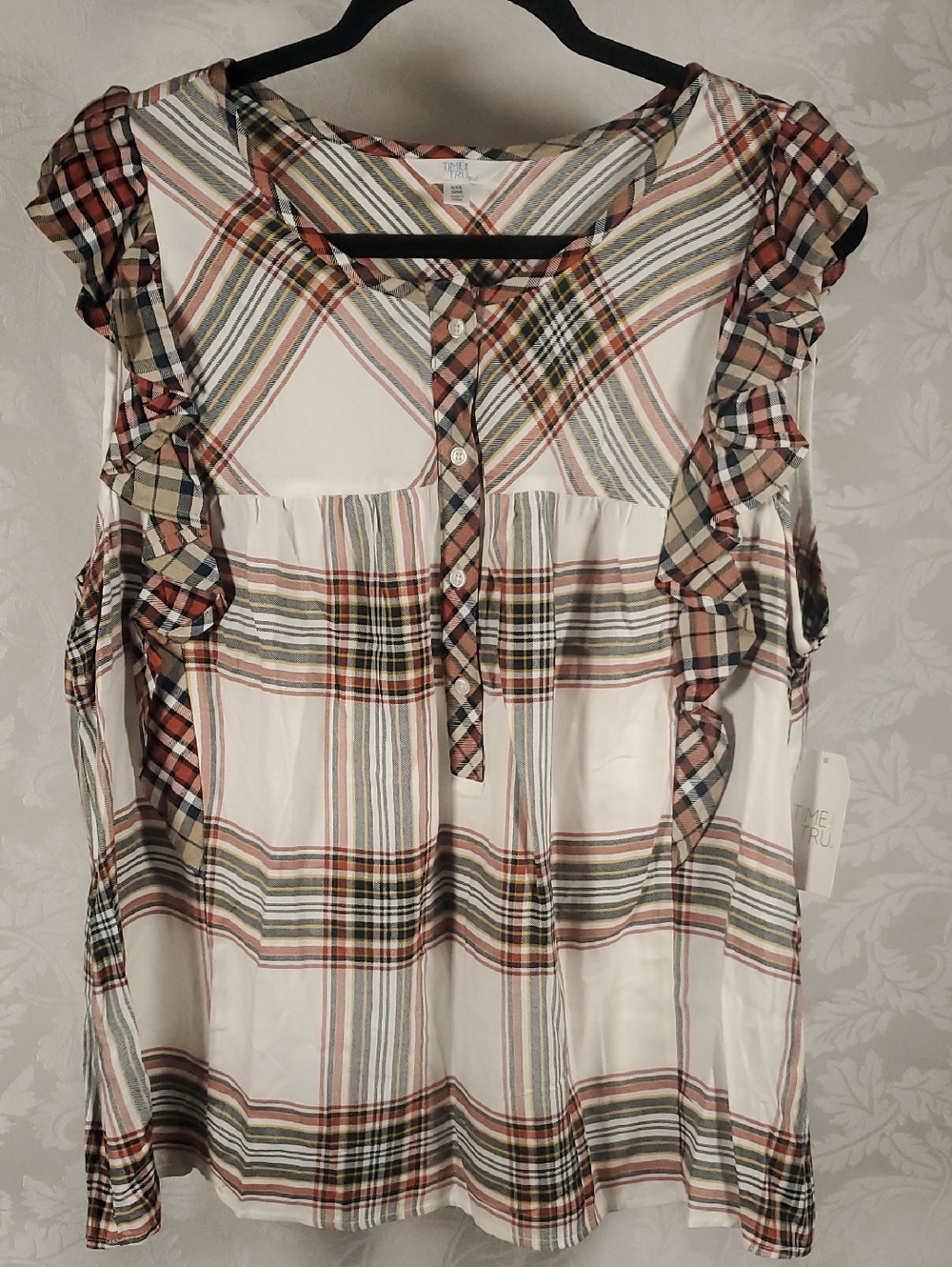 Time and Tru White Plaid Ruffle Sleeveless Top - Rust & Olive